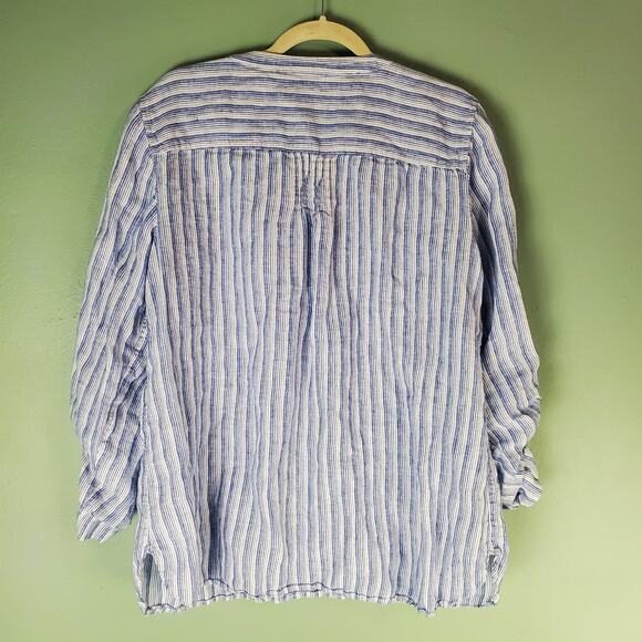 Talbots Womens Blue V-Neck Linen Striped Button Down Roll Tab Blouse Size 1X - Picture 2 of 6